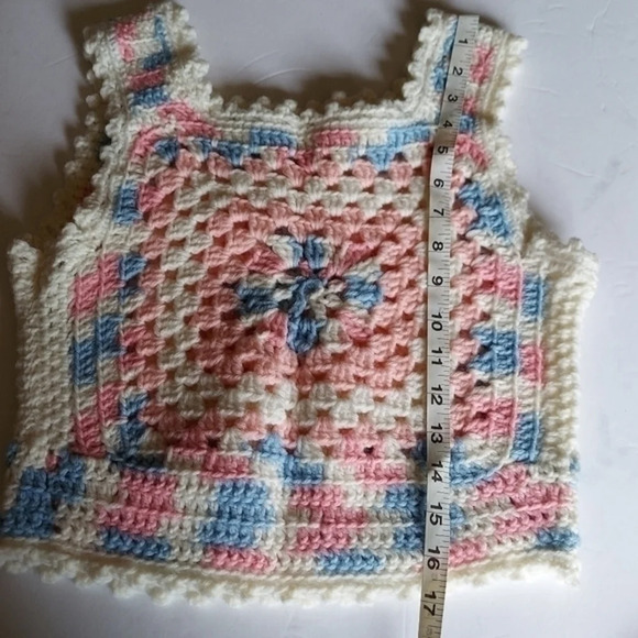 Vintage Y2K Blue Pink White Grannycore Granny Square Crocheted Crop Sweater … - Picture 10 of 12